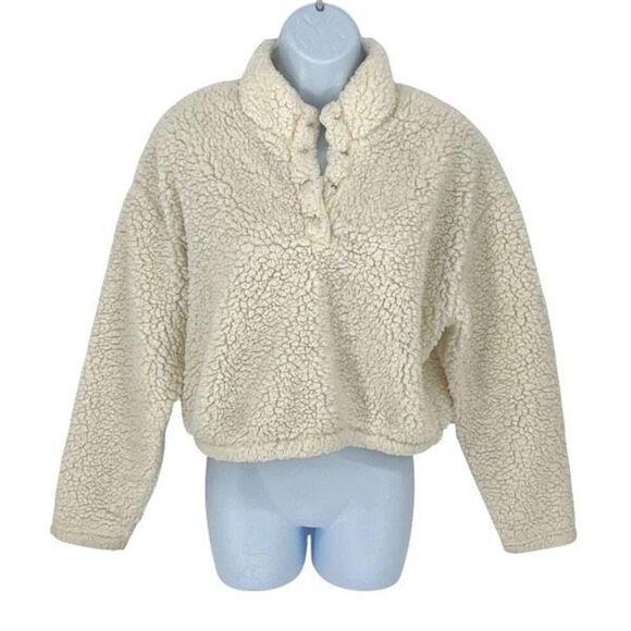 PacSun Womens Midrift Sherpa‎ 1/4 Snap Cropped Pullover Sweater Off White Small - Picture 2 of 9